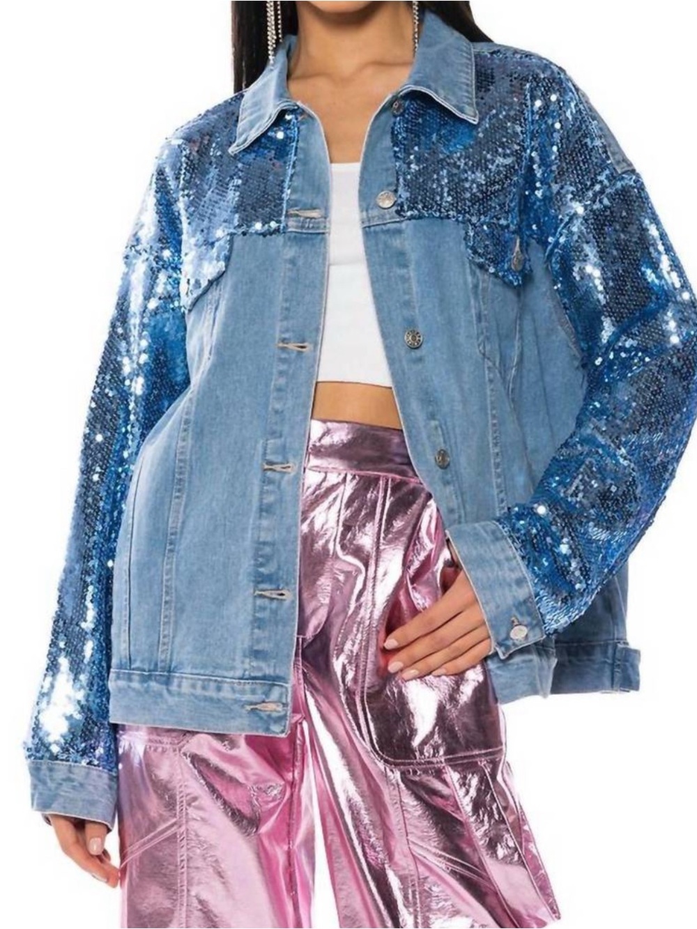 NwT;AZALEA WANG  Bring It On blue sequin -Embellished Blue Denim Jacket - ⭐️